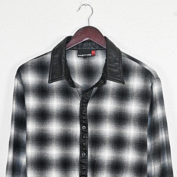 NASTY PIG Men's Button up Shirt Black Grey Plaid Faux Leather trim Sz Medium - Picture 7 of 10